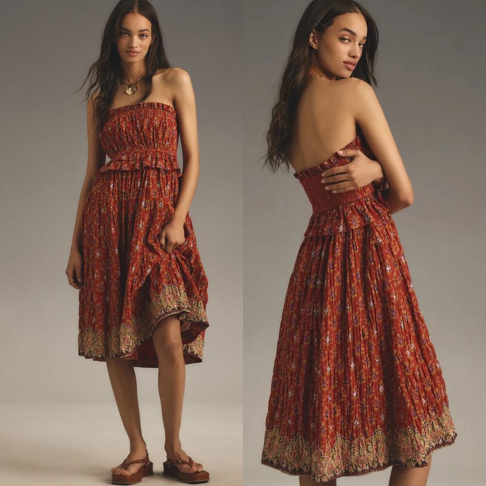 NWT Anthropologie Plenty Tracy Reese Empire Strapless Smocked Midi Dress Large